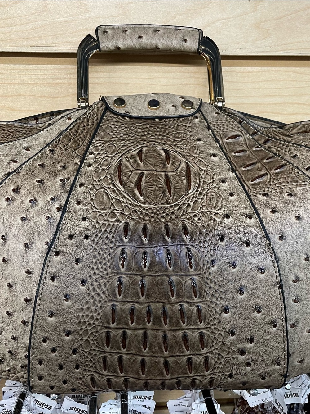 Structured Hobo Bag in Metallic Taupe Croc-Effect Leather